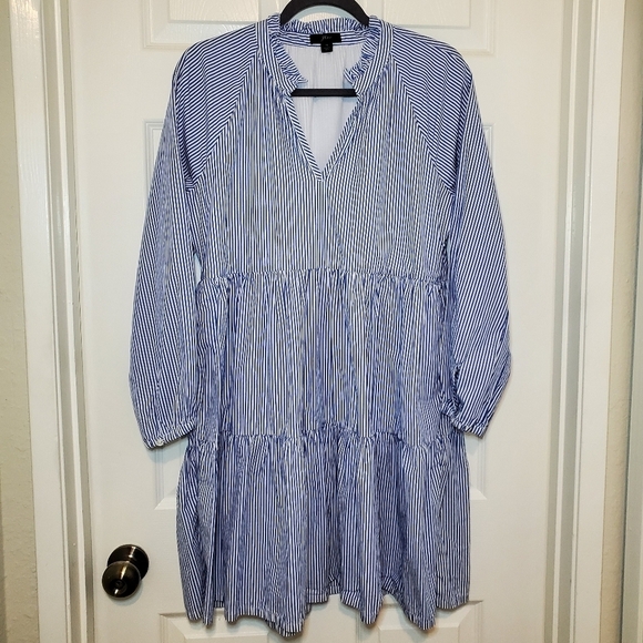 J. Crew Dresses & Skirts - J.crew Tiered Popover In Blue Striped Cotton Notched V-neck Dress M